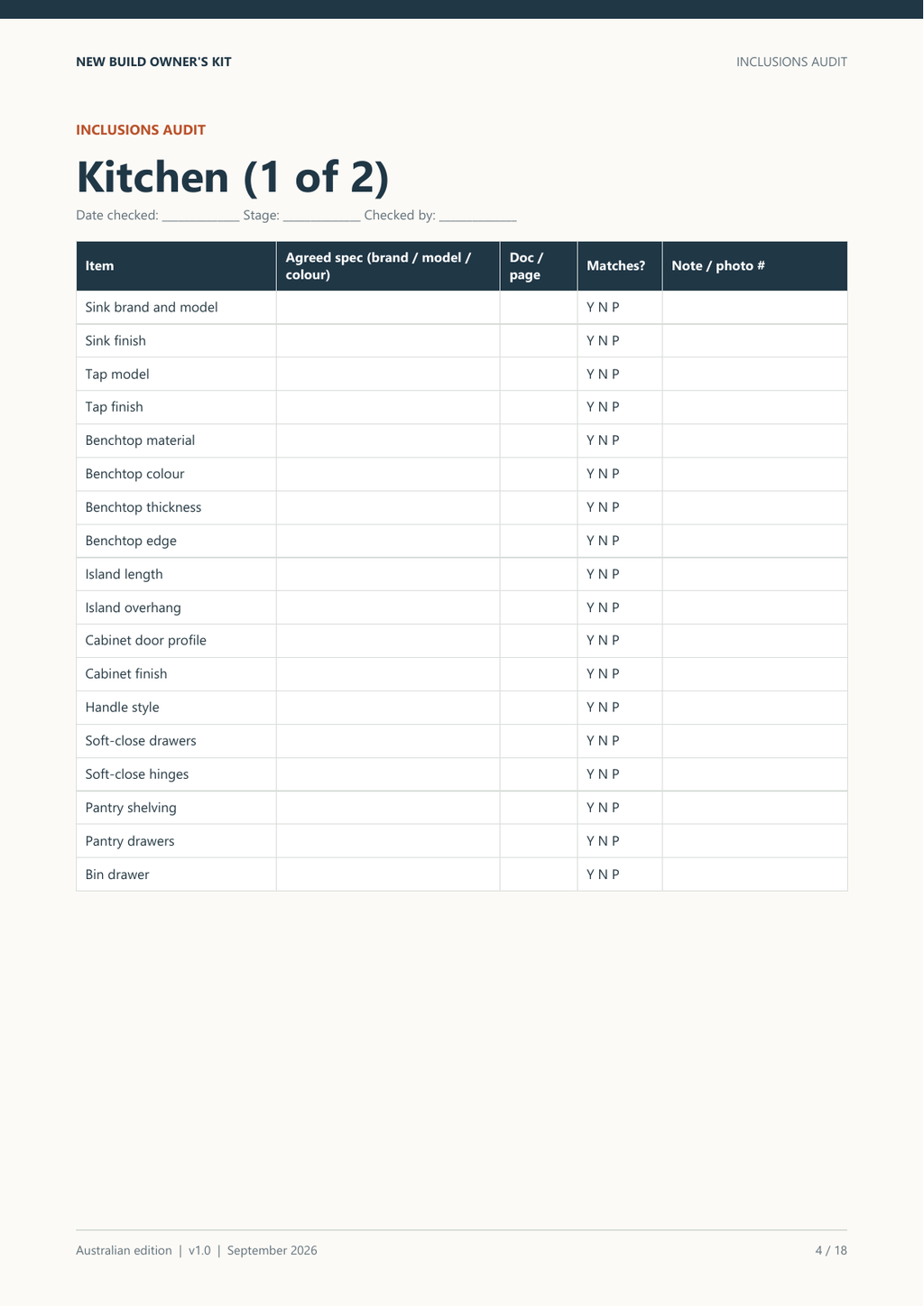 Actual sample page: kitchen inclusions audit for comparing signed selections with installed items