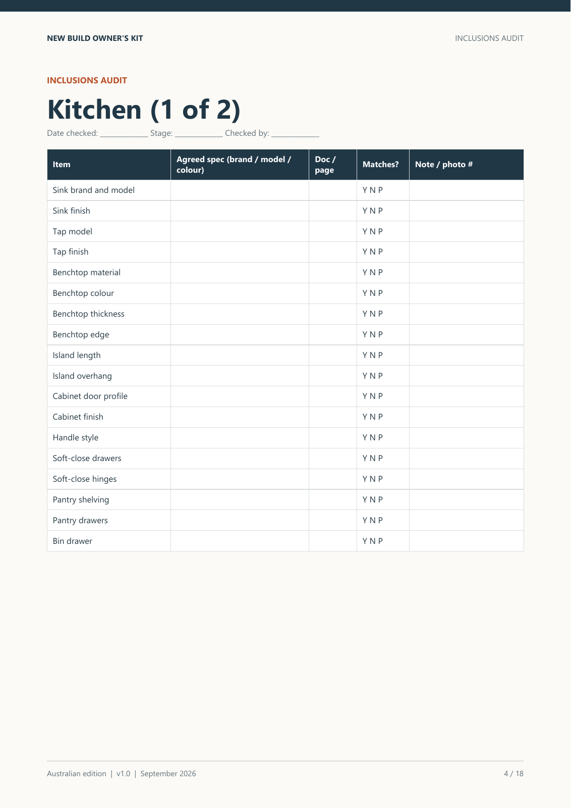 Actual sample page: kitchen inclusions audit for comparing signed selections with installed items