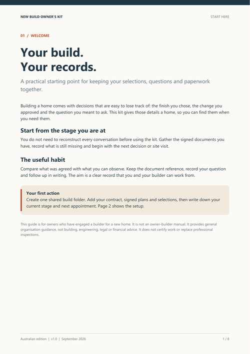 Actual sample page: Start Here guide from the New Build Owner's Kit