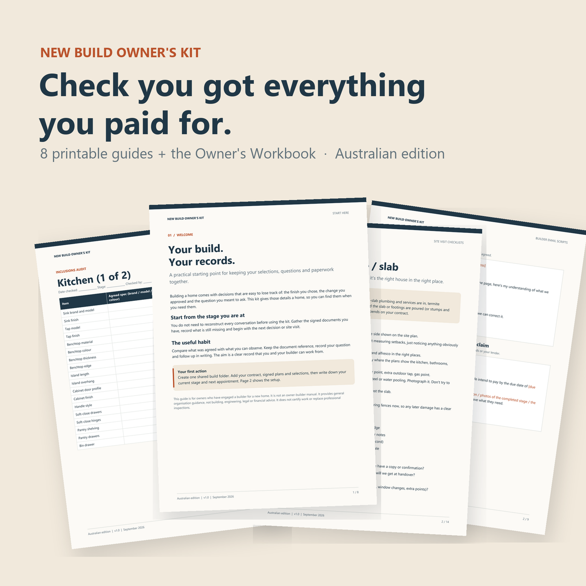 New Build Owner's Kit: printable checklists, inclusions audit and builder email scripts for Australian new home builds